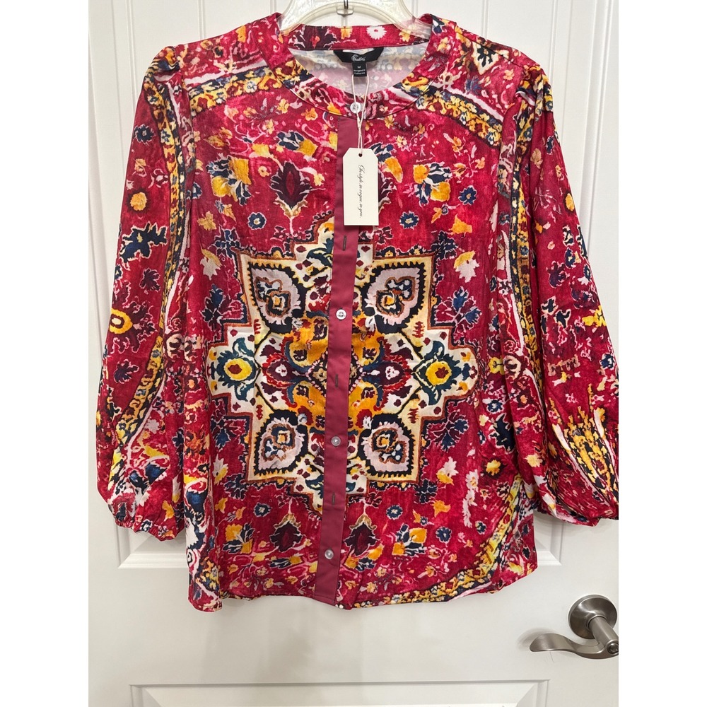 Shall We Blouse Top M‎ Red Yellow Blue Abstract Print Button Down 3/4 Sleeve